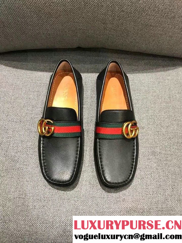 Gucci GG Logo Driver Loafers with Web Detail 450891 Calfskin Leather Spring Summer 2018 Collection Black