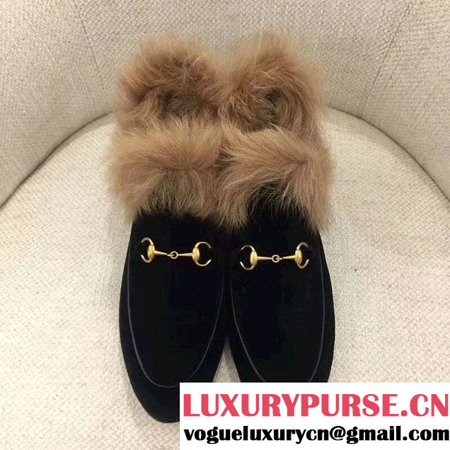 Gucci Jordaan Horsebit Fur Trimmed Suede Loafers 496626 Calfskin Leather Spring Summer 2018 Collection Black