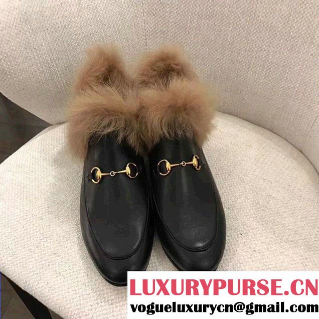 Gucci Jordaan Horsebit Fur Trimmed Loafers 496626 Calfskin Leather Spring Summer 2018 Collection Black