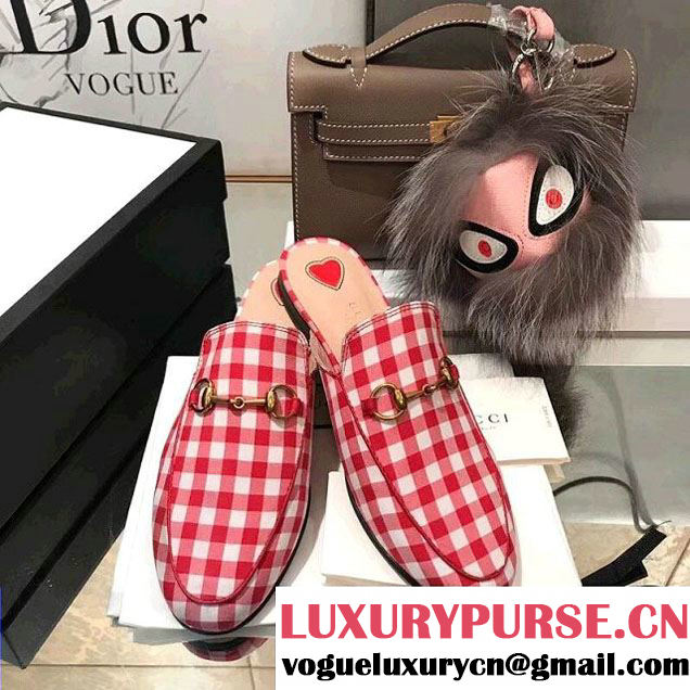 Gucci Princetown Check Fabric Slipper 475094 Calfskin Leather Spring Summer 2018 Collection Red White