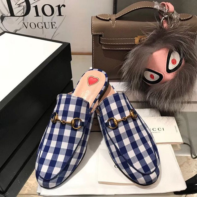 Gucci Princetown Check Fabric Slipper 475094 Calfskin Leather Spring Summer 2018 Collection Blue White