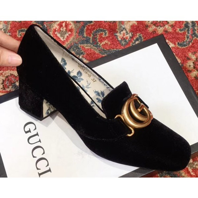 Gucci Velvet Mid-Heel Pumps Black with Double G 2018