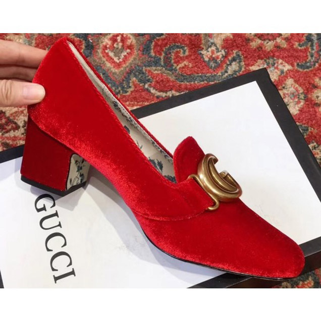 Gucci Velvet Mid-Heel Pumps Red with Double G 2018