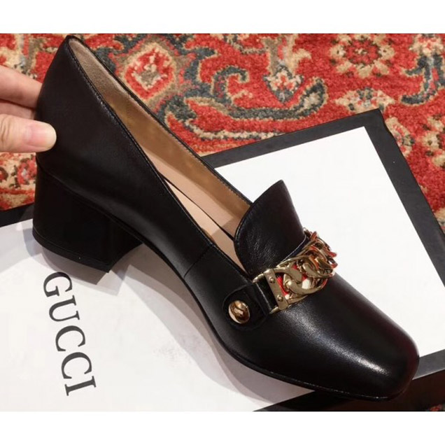 Gucci Sylvie Chain Leather Mid-Heel Pumps Black 2018