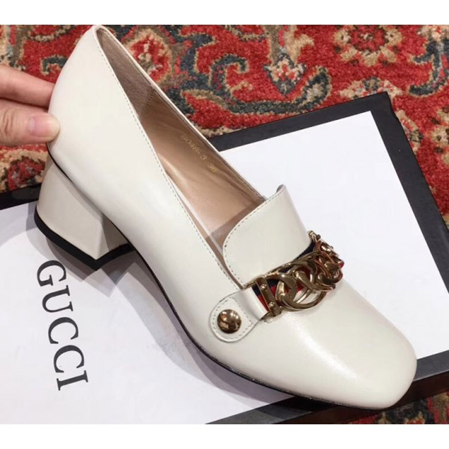 Gucci Sylvie Chain Leather Mid-Heel Pumps White 2018