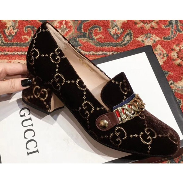 Gucci Sylvie Chain GG Velvet Mid-Heel Pumps Coffee 2018