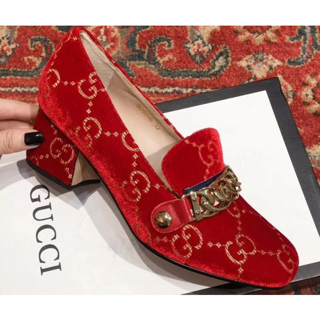 Gucci Sylvie Chain GG Velvet Mid-Heel Pumps Red 2018