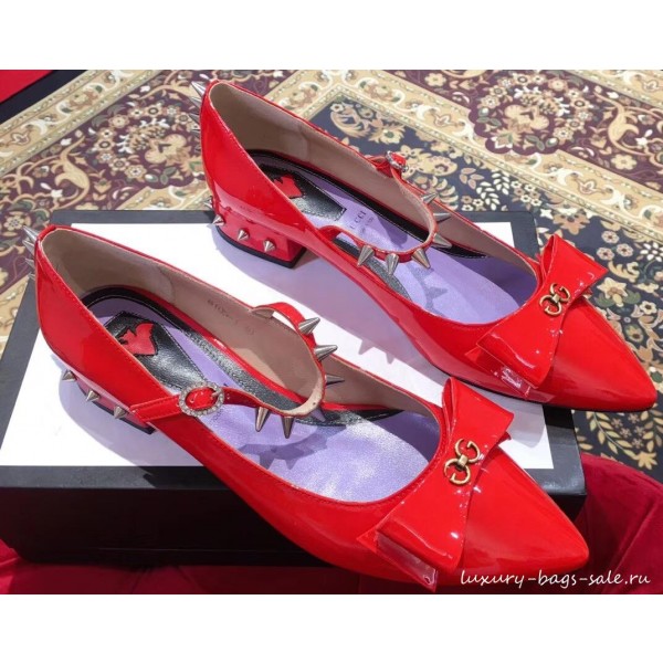 Gucci Heel 2cm Patent Leather Silver-toned Spikes Ballet Pumps with Bow 558097 Red 2019