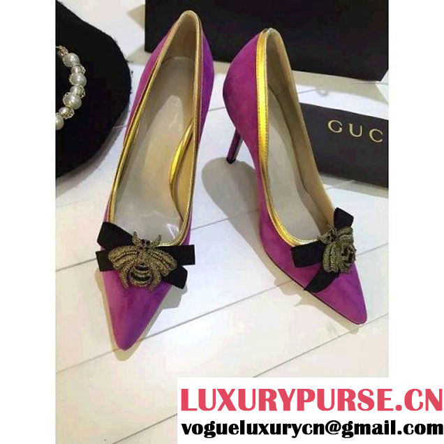 Gucci Suede Pump Embellished With Bow and Bee Purple 2016 (GD4029-6031740 )