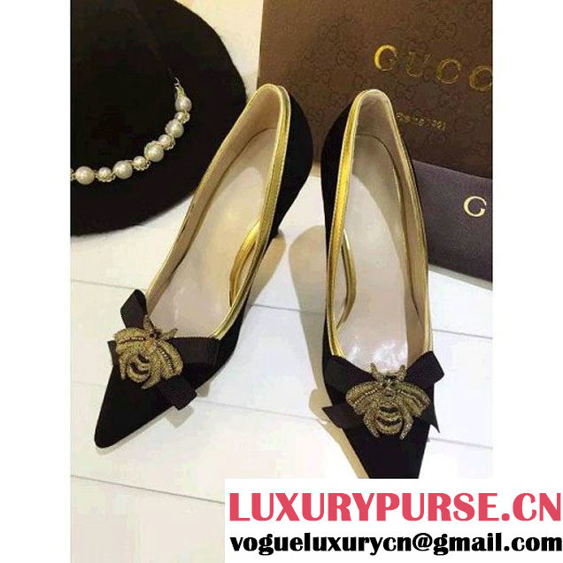 Gucci Suede Pump Embellished With Bow and Bee Black 2016 (GD4029-6031741 )