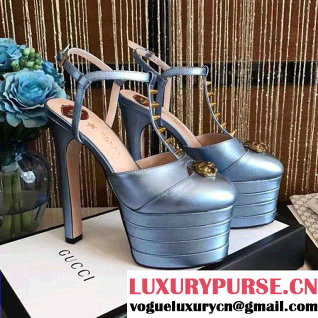 Gucci 421624 Leather Platform Pump Blue 2017 (GD4007-7022146 )