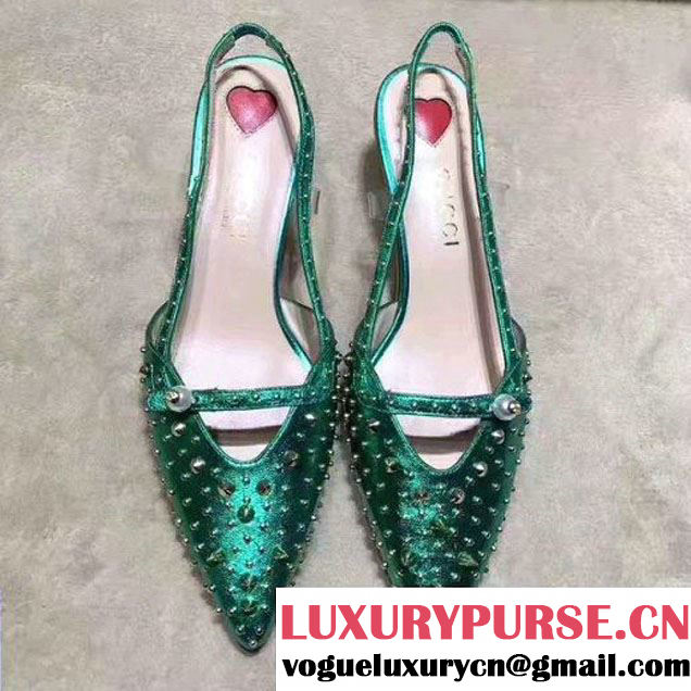 Gucci Studded Leather Mid-Heel Pump 452865 Metallic Green 2017 (Y30-7033002 )