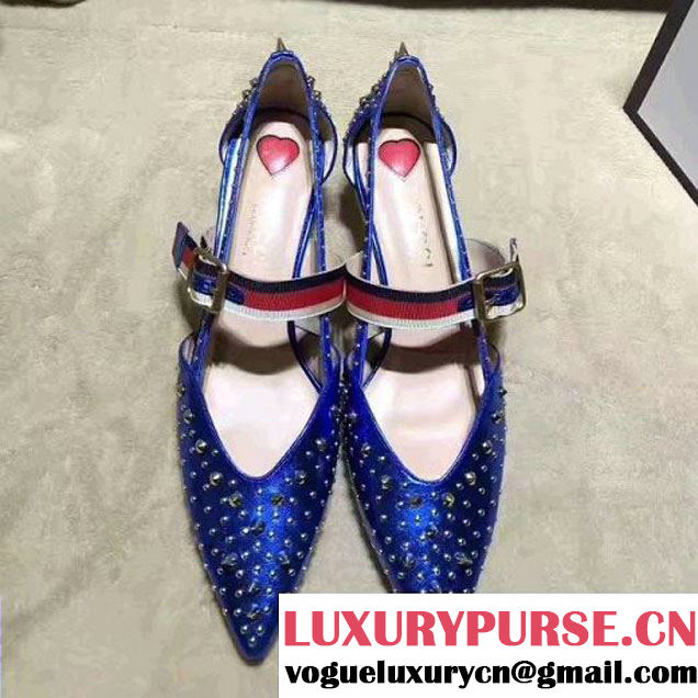 Gucci Studded Metallic Leather Mid-Heel Pump 452145 Royal Blue 2017 (Y30-7033016 )