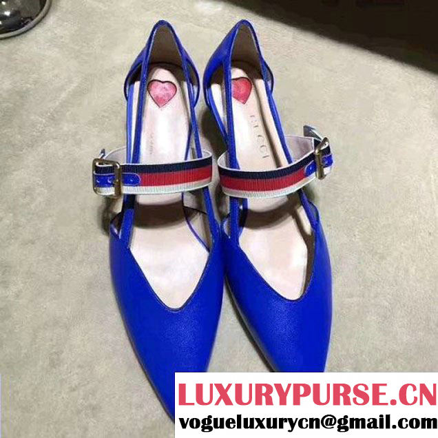 Gucci Web Strap Leather Mid-Heel Pump 452145 Royal Blue 2017 (Y30-7033020 )