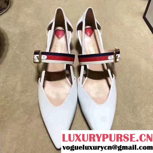 Gucci Web Strap Leather Mid-Heel Pump 452145 White 2017 (Y30-7033021 )