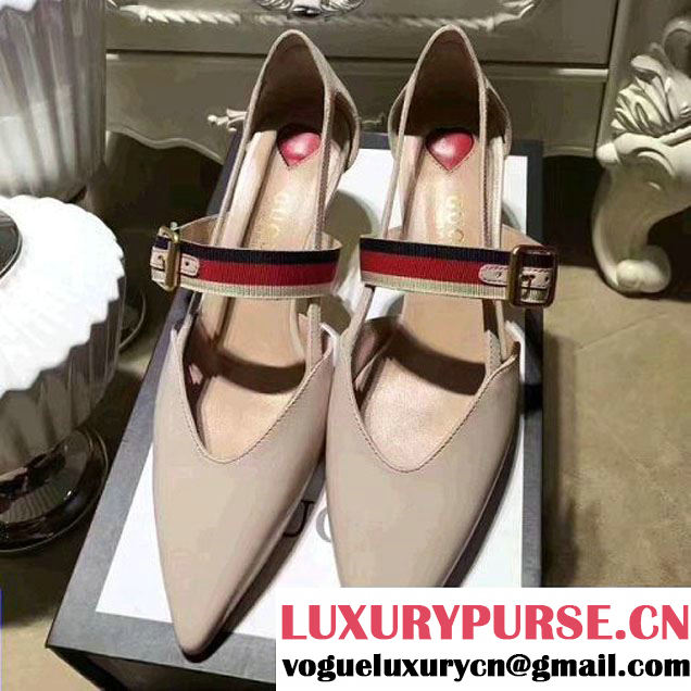 Gucci Web Strap Leather Mid-Heel Pump 452145 Nude 2017 (Y30-7033022 )