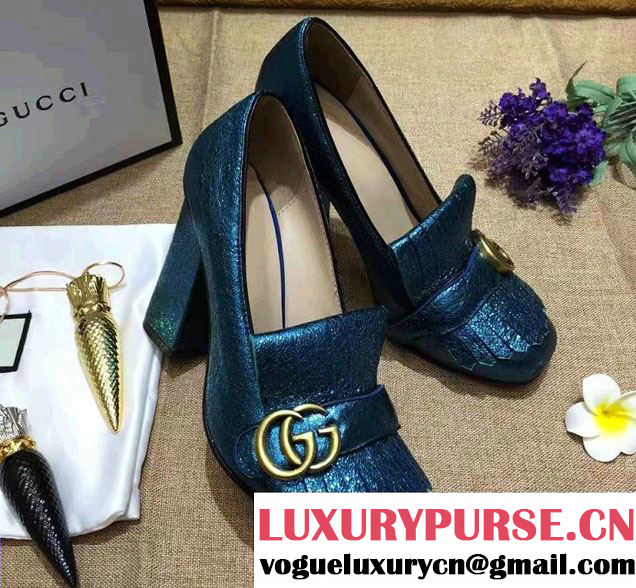 Gucci Double G Foldover Fringe 10cm High-Heel Pumps 408206 Metallic Blue 2017