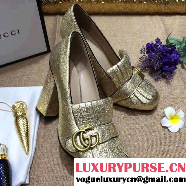 Gucci Double G Foldover Fringe 10cm High-Heel Pumps 408206 Metallic Gold 2017