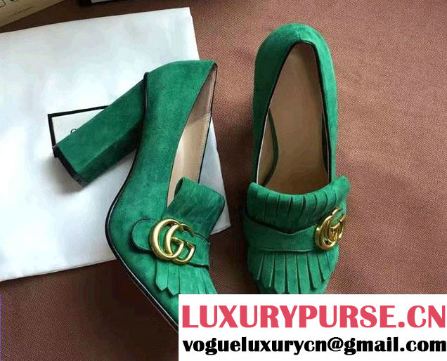 Gucci Double G Foldover Fringe 10cm High-Heel Pumps 408206 Suede Green 2017