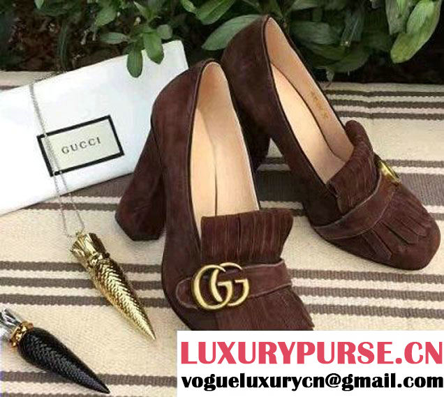 Gucci Double G Foldover Fringe 10cm High-Heel Pumps 408206 Suede Coffee 2017