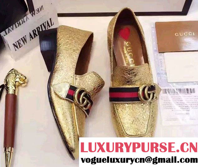 Gucci Web Double G Leather 3.5cm Mid-Heel Loafers 423537 Metallic Gold 2017