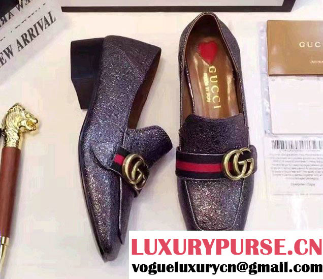 Gucci Web Double G Leather 3.5cm Mid-Heel Loafers 423537 Metallic Gun Color 2017