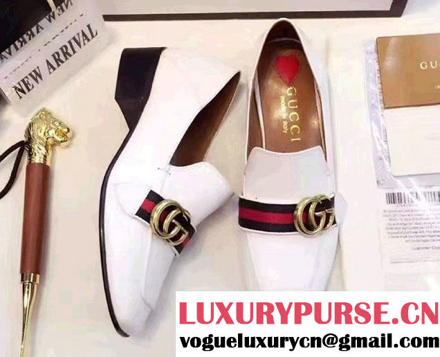 Gucci Web Double G Leather 3.5cm Mid-Heel Loafers 423537 White 2017