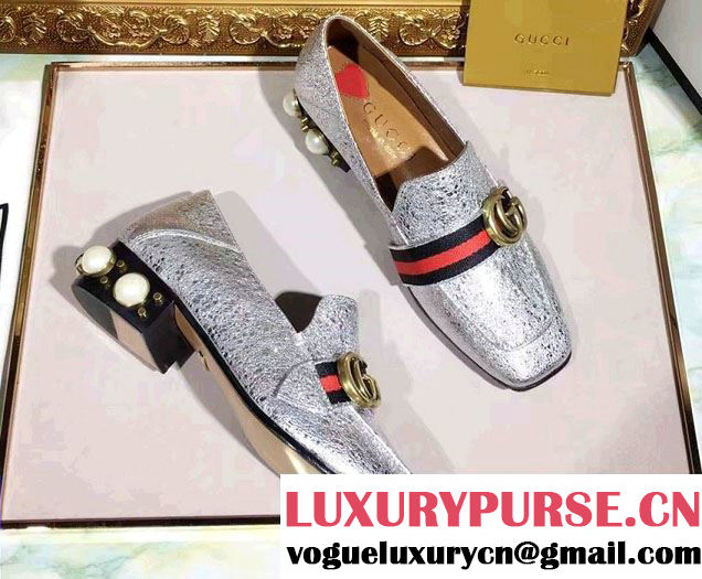 Gucci Pearl And Studs Web Double G Leather 3.5cm Mid-Heel Loafers 423559 Metallic Silver 2017