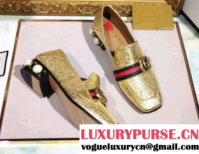 Gucci Pearl And Studs Web Double G Leather 3.5cm Mid-Heel Loafers 423559 Metallic Gold 2017