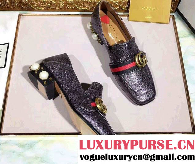 Gucci Pearl And Studs Web Double G Leather 3.5cm Mid-Heel Loafers 423559 Metallic Gun Color 2017