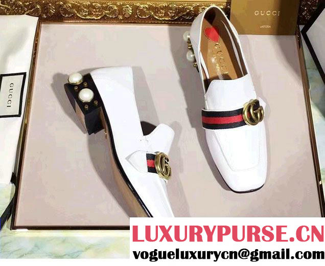 Gucci Pearl And Studs Web Double G Leather 3.5cm Mid-Heel Loafers 423559 White 2017