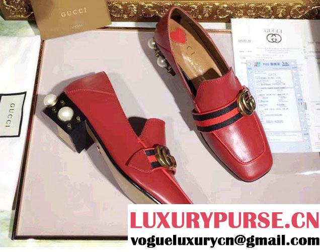 Gucci Pearl And Studs Web Double G Leather 3.5cm Mid-Heel Loafers 423559 Red 2017