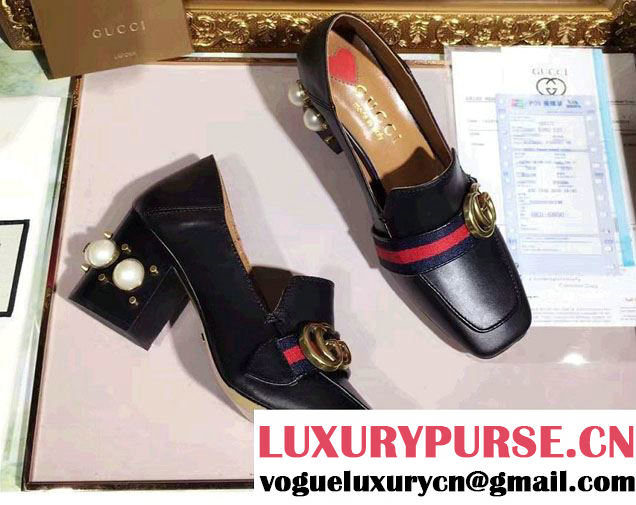 Gucci Pearl And Studs Web Double G Leather 7.5cm Mid-Heel Loafers 425943 Black 2017