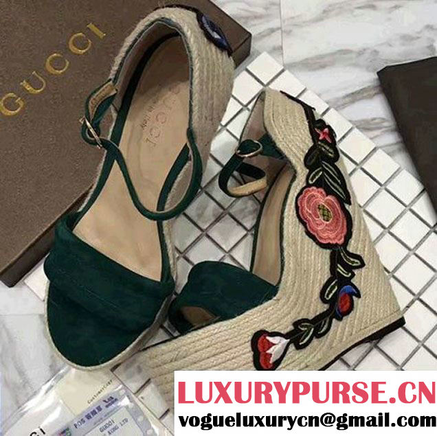 Gucci Heel 14cm Embroidered Suede Platform Espadrille 454303 Dark Green 2017