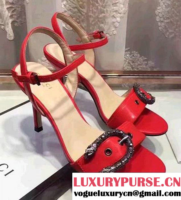 Gucci Heel 7cm Leather Scandal Tiger Head Buckle Front Detail Red 2017