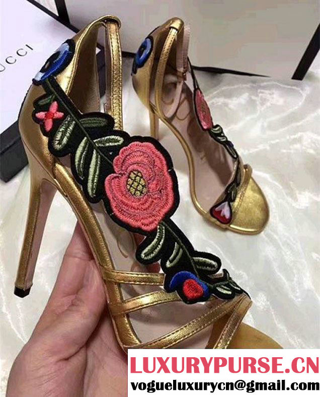 Gucci Heel 10cm Floral Embroidery Leather Scandal 475082 Metallic Gold 2017