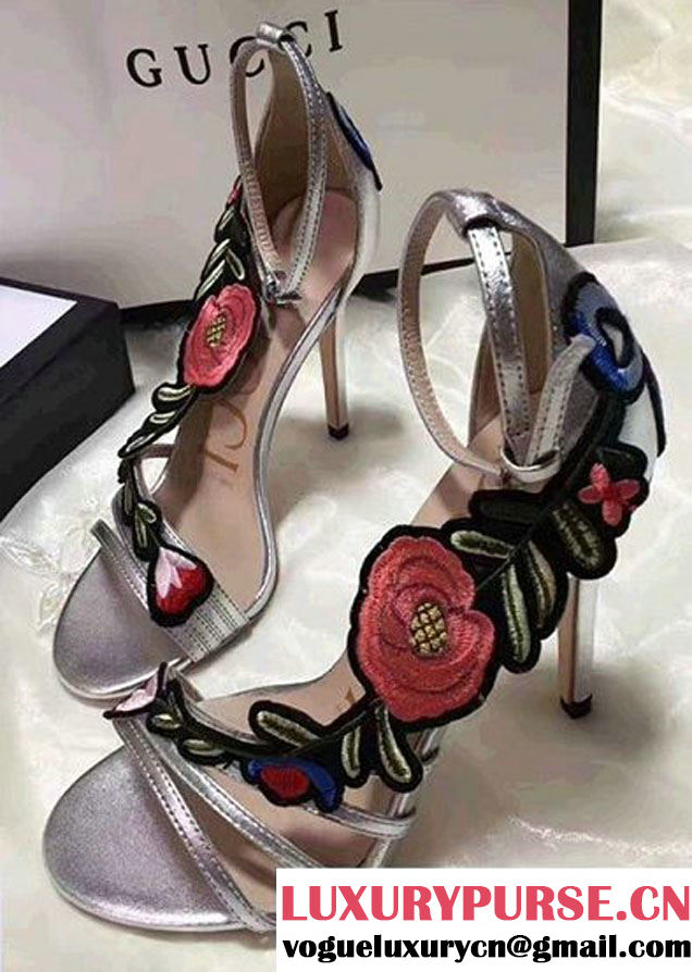 Gucci Heel 10cm Floral Embroidery Leather Scandal 475082 Sliver 2017