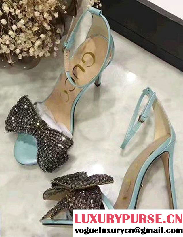 Gucci Heel 10.5cm Patent Leather Sandals With Removable Crystal Bow 480458 Light Blue 2017