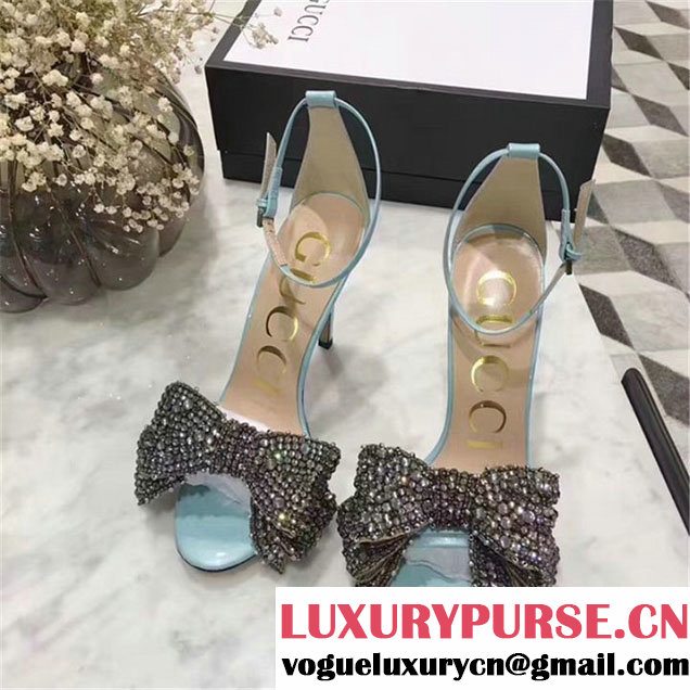 Gucci Ilse Crystal Bow-Embellished Pumps Calfskin Leather Fall Winter 2017 Collection Light Blue