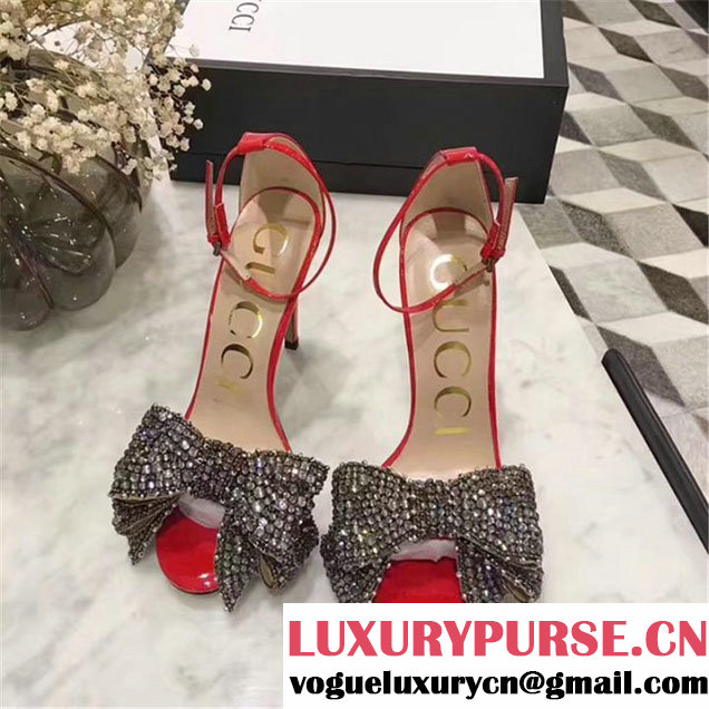 Gucci Ilse Crystal Bow-Embellished Pumps Calfskin Leather Fall Winter 2017 Collection Red