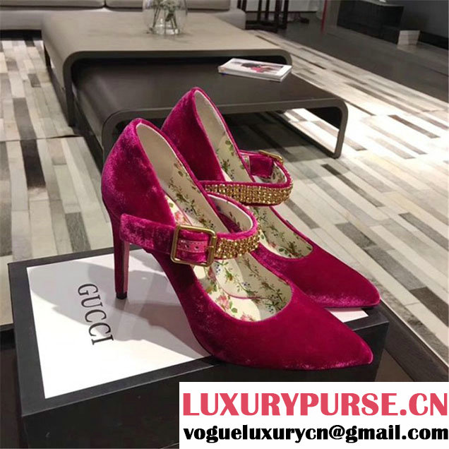 Gucci Velvet Pump with Crystals Heels Calfskin Leather Fall Winter 2017 Collection Fuchsia