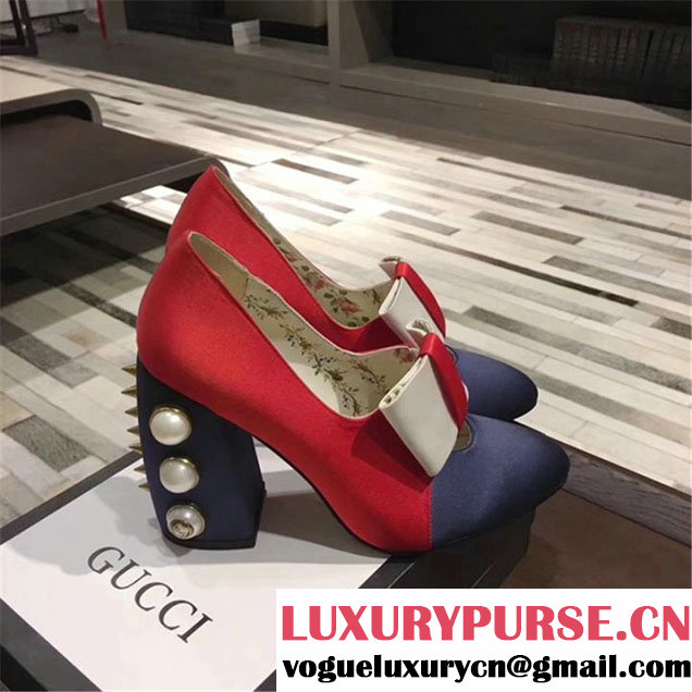 Gucci Satin Studded Luna Heels Calfskin Leather Fall Winter 2017 Collection Red White Blue