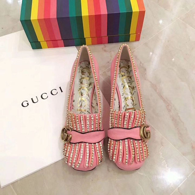 Gucci Marmont Suede Crystal Pumps 501002 Calfskin Leather Cruise 2018 Collection Pink