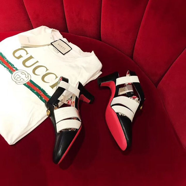 Gucci Gea Two-Tone T-Strap Mid Heel Pump 497485 Calfskin Leather Spring Summer 2018 Collection Black White