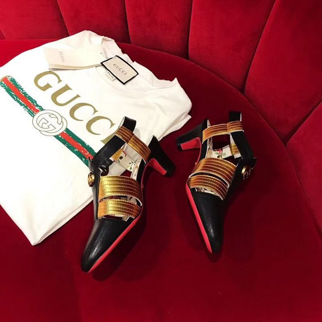 Gucci Gea Two-Tone T-Strap Mid Heel Pump 497485 Calfskin Leather Spring Summer 2018 Collection Black Gold