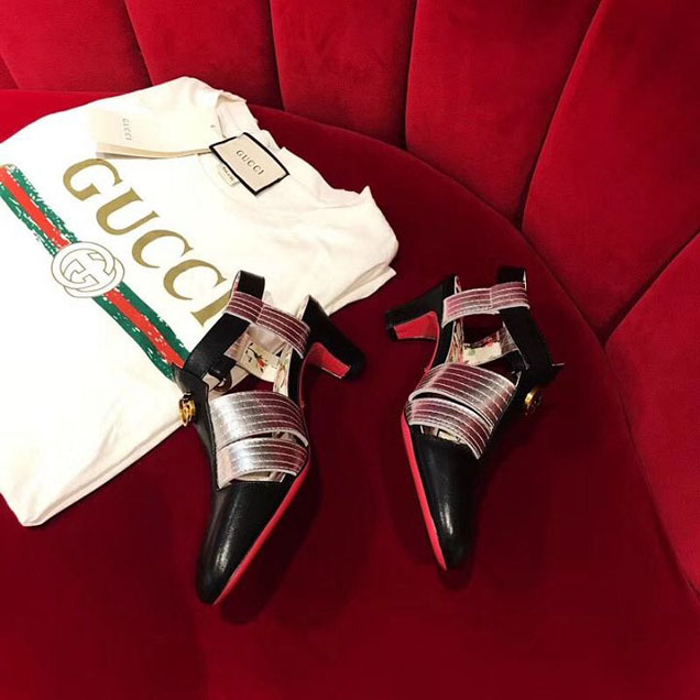 Gucci Gea Two-Tone T-Strap Mid Heel Pump 497485 Calfskin Leather Spring Summer 2018 Collection Black Silver