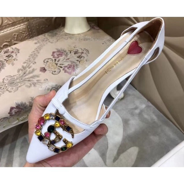 Gucci Multicolor Crystals Double G Leather Pumps 519918 White 2018