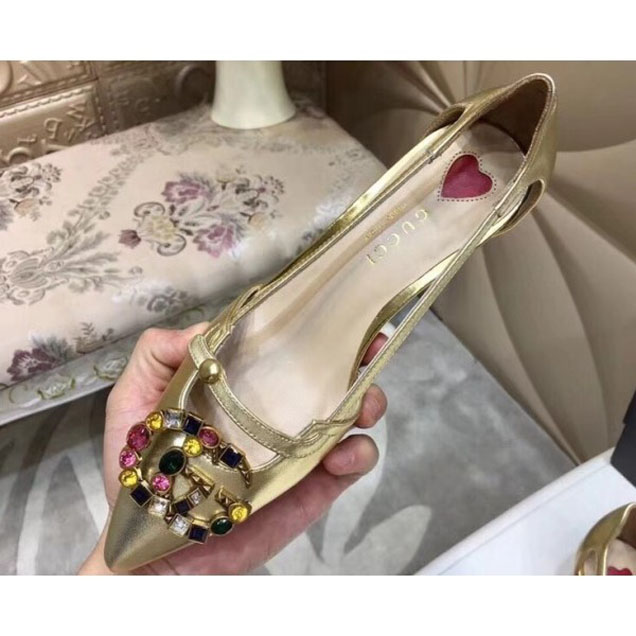 Gucci Multicolor Crystals Double G Leather Pumps 519918 Gold 2018