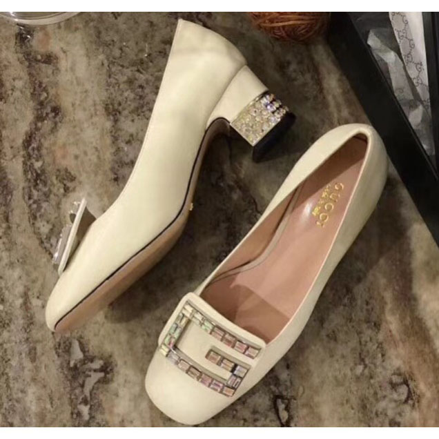 Gucci Leather Mid-Heel 5.5cm Pumps Creamy With Crystal G 522697 2018