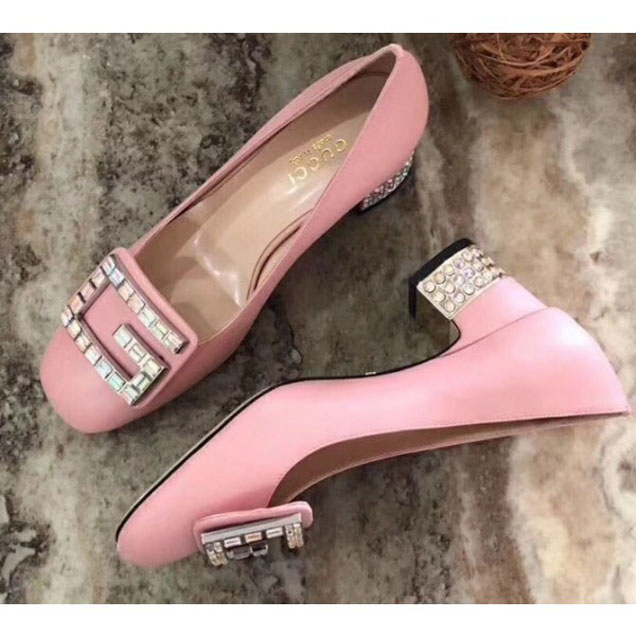 Gucci Leather Mid-Heel 5.5cm Pumps Pink With Crystal G 522697 2018